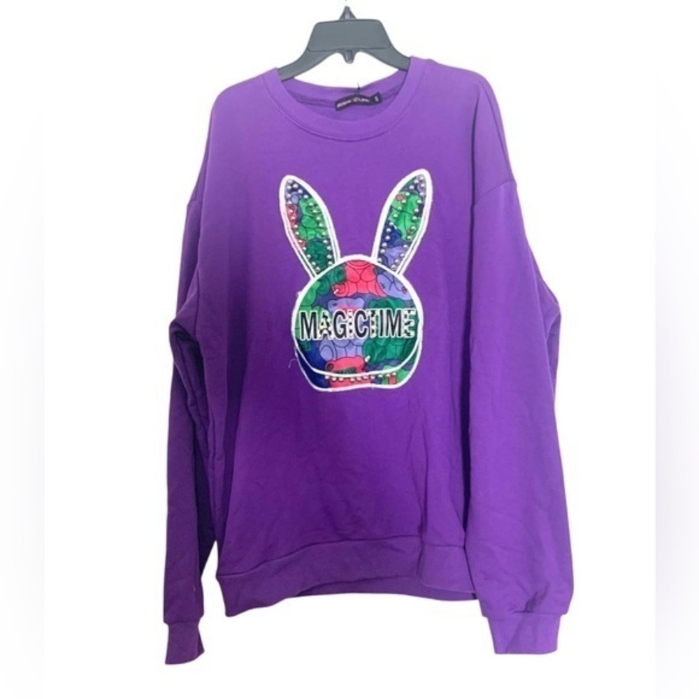 New Denim Love Playboy Bunny Embelished Magic Time Sweatshirt Purple Small